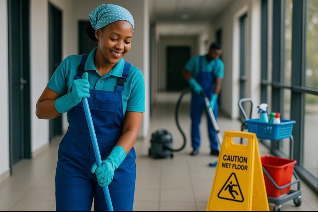 Cleaning operative mopping a commercial corridor