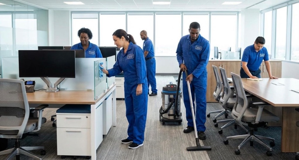 Professional cleaning team working in a modern office environment