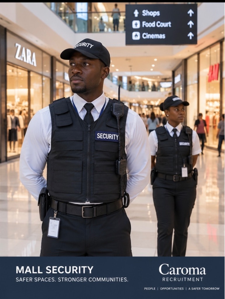 Professional security officers on patrol in a commercial environment