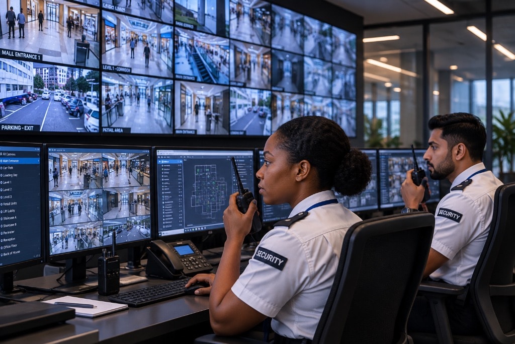 Corporate security personnel in a professional lobby setting